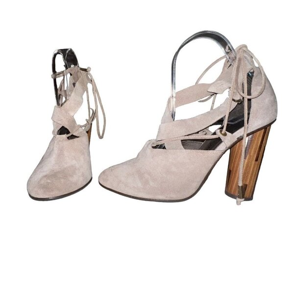 Free People Taupe Nouvella Criss Cross Wrap Chunky Heel Suede Leather Sz 38/6.5 - Picture 2 of 12